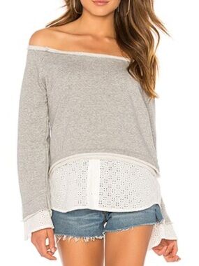 Central Park West Gray Sweater with White Eyelet Hem